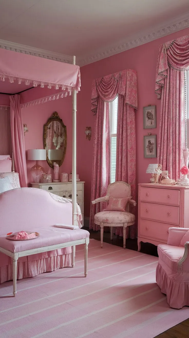 This pink paradise is the epitome of girly vintage charm. From the ornate headboard to the striped rug, every detail whispers of a bygone era, reimagined for the modern romantic. A space where dreams are made, and memories are cherished. A