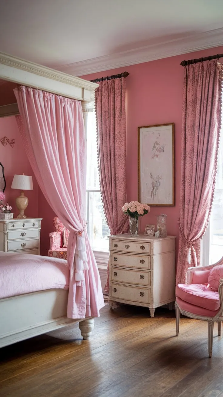 Lost in the blush-toned elegance of this Regency-inspired bedroom. The vintage furniture, delicate canopy bed, and soft pink hues create a feminine haven, a space where history and modern style intertwine seamlessly. A truly captivating escape.
