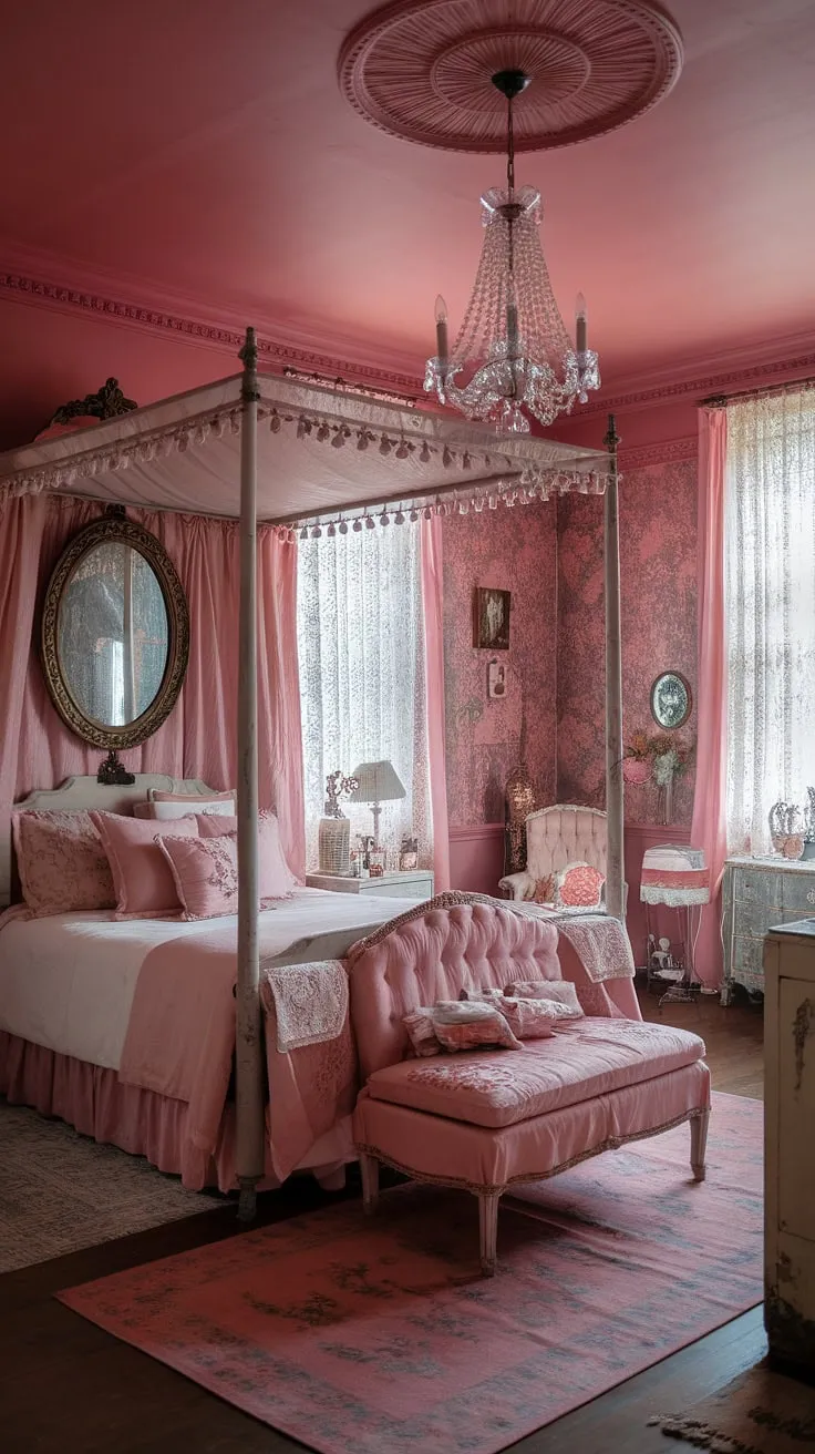Lost in the romance of a bygone era. This dreamy pink bedroom, a haven of shabby chic elegance, features a majestic regency four-poster bed, a sparkling chandelier, and the delicate touch of lace curtains. Every detail, from the vintage mirror to the floral wallpaper, speaks of a timeless beauty.