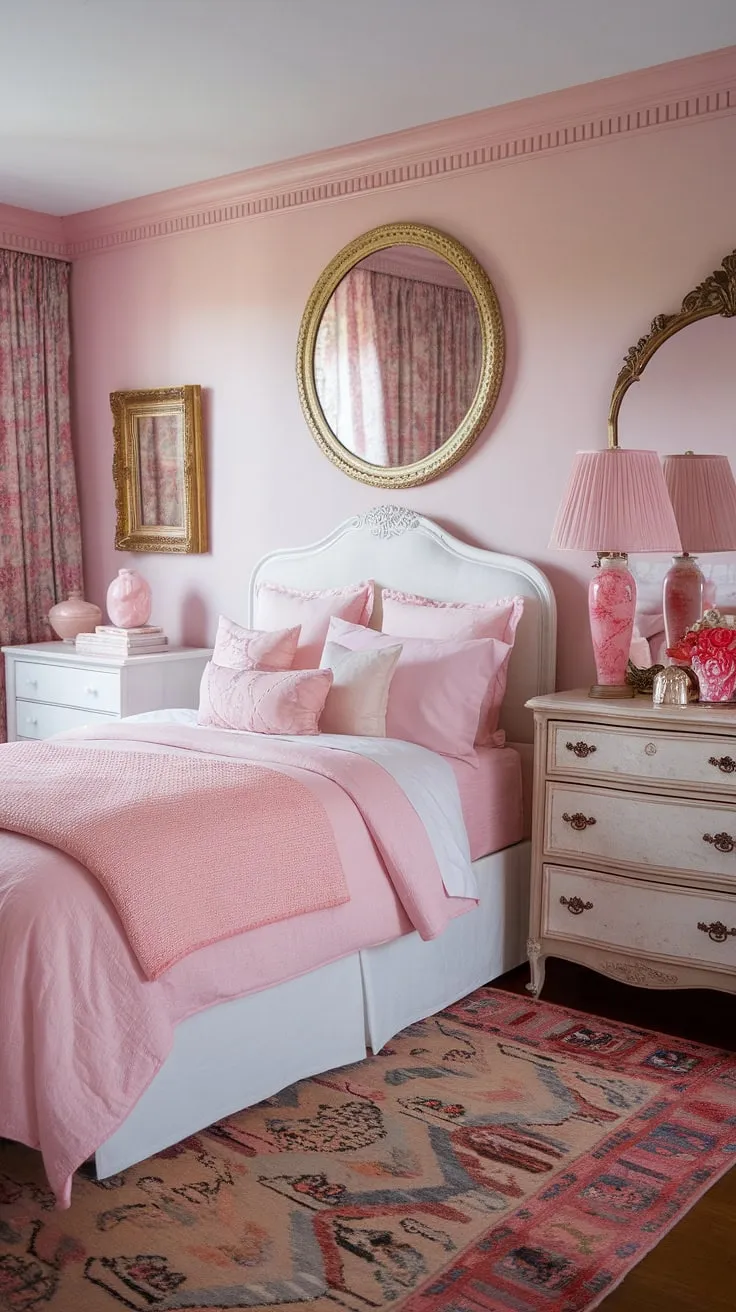 Step into a world of delicate charm and vintage romance. This shabby chic bedroom, painted in a soft blush pink, is a haven of tranquility, where dreams are spun amongst fluffy pink pillows and antique treasures. The delicate details, from the ornate mirror to the perfectly placed pink vase, create a space that's both elegant and utterly inviting.