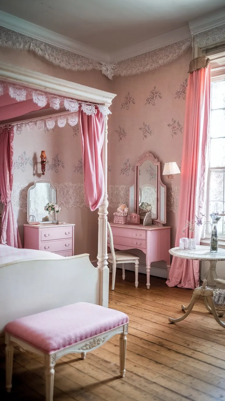 Lost in the lace and floral dreams of this vintage bedroom. A haven of pink hues and shabby chic details, this room is a testament to timeless beauty. The four-poster bed, the delicate dresser, and the soft lighting create a space that's both inviting and utterly captivating. A place where memories are made and fairytales unfold.