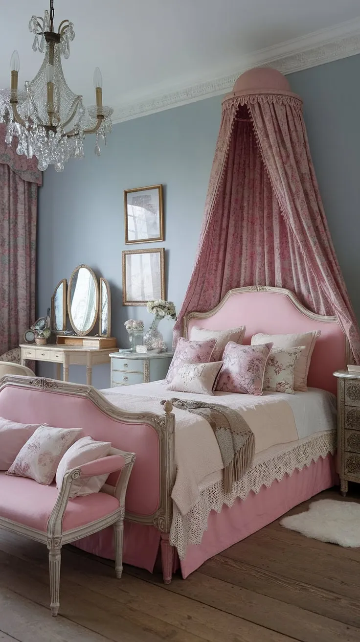 Lost in the dreamy details of this shabby chic haven, where vintage charm meets grand millennial style. The pale blue walls and delicate lace whisper tales of bygone eras, while the regency-inspired details and ornate chandelier add a touch of regal elegance. A perfect escape.