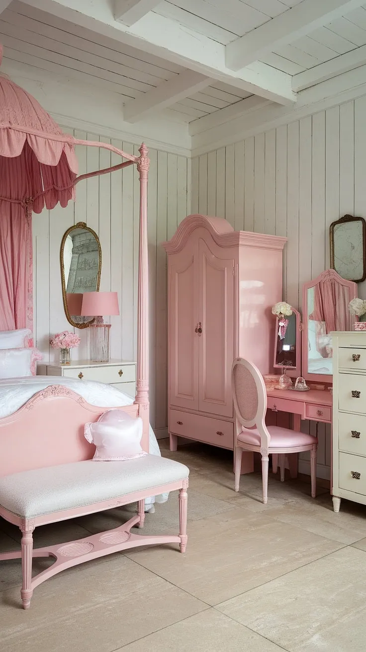 Lost in the dreamy details of this shabby chic haven. A symphony of pink and white, the room's regency-inspired furniture and delicate decor create a truly enchanting atmosphere. Every corner holds a story, a testament to the beauty of vintage style and the joy of creating a space that's uniquely yours. A sanctuary of feminine grace.