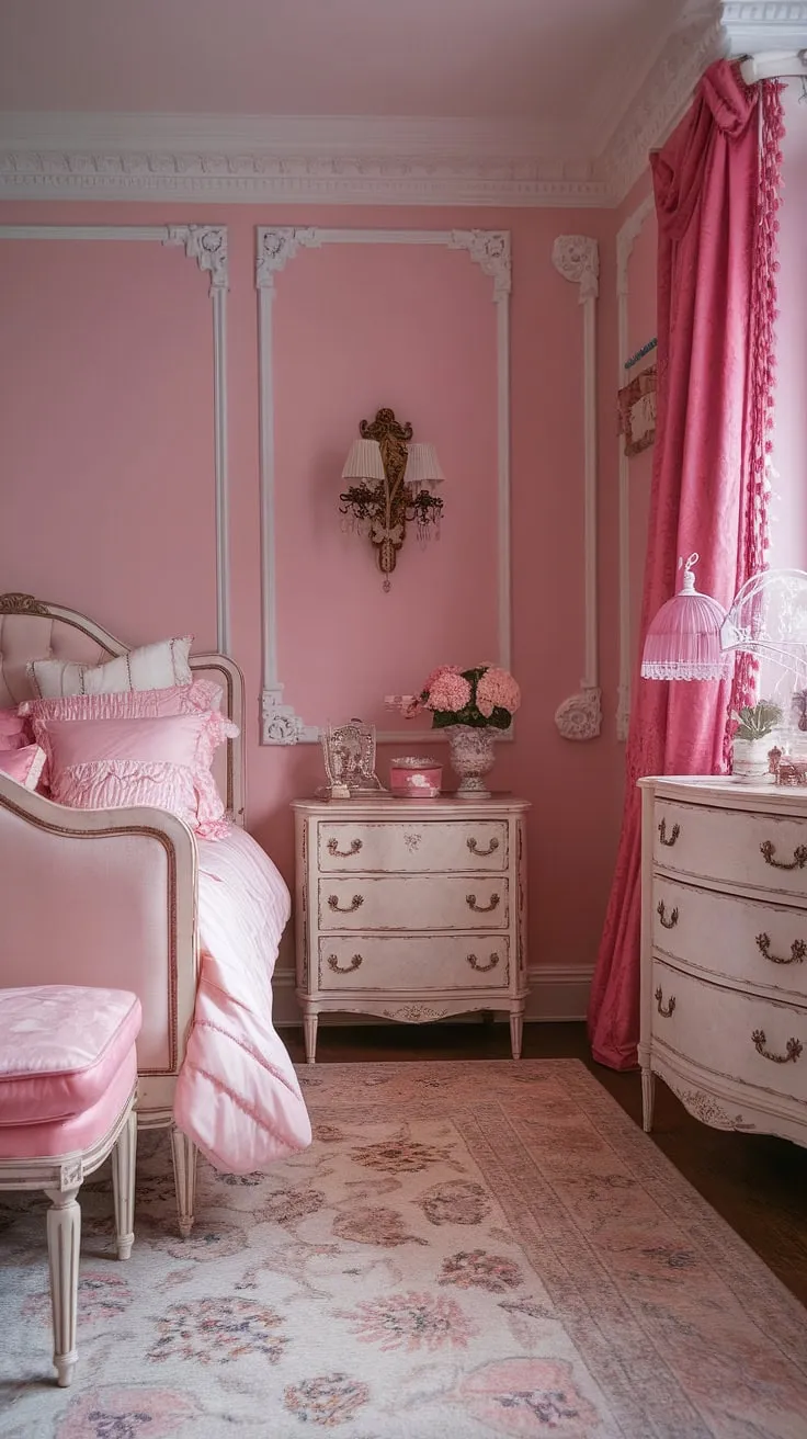 This shabby chic haven is a testament to the enduring allure of vintage aesthetics. A symphony of pink and white, the room is filled with antique treasures – a regal bed, a charming dresser, and delicate wall sconces – all contributing to an atmosphere that's undeniably nostalgic and utterly captivating. A sanctuary of feminine grace and refined beauty.
