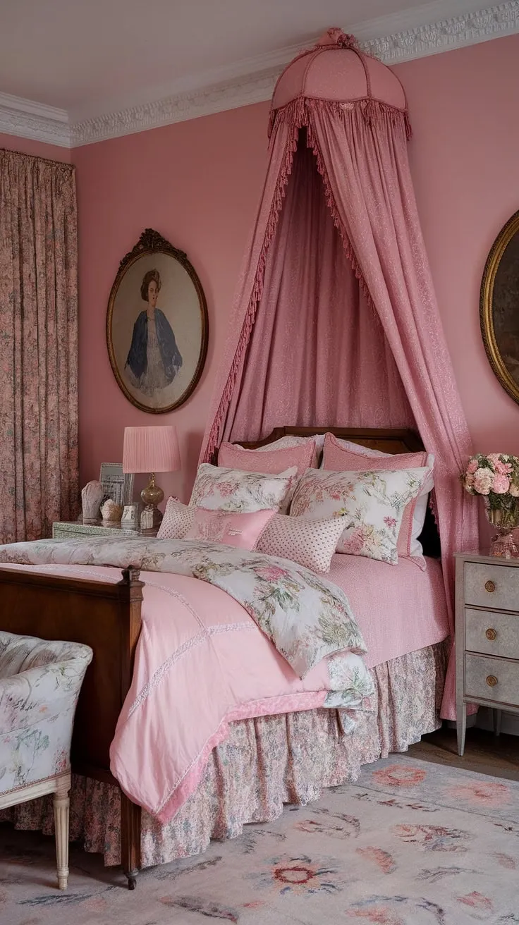 Lost in the layers of lace and the soft glow of pink, this bedroom is a testament to the enduring allure of vintage style. A curated collection of antique mirrors and portraits adorn the walls, complementing the floral chintz and the grand millennial aesthetic. The delicate details, from the patterned rug to the wooden bed, create a space that is both whimsical and sophisticated. A truly enchanting escape.