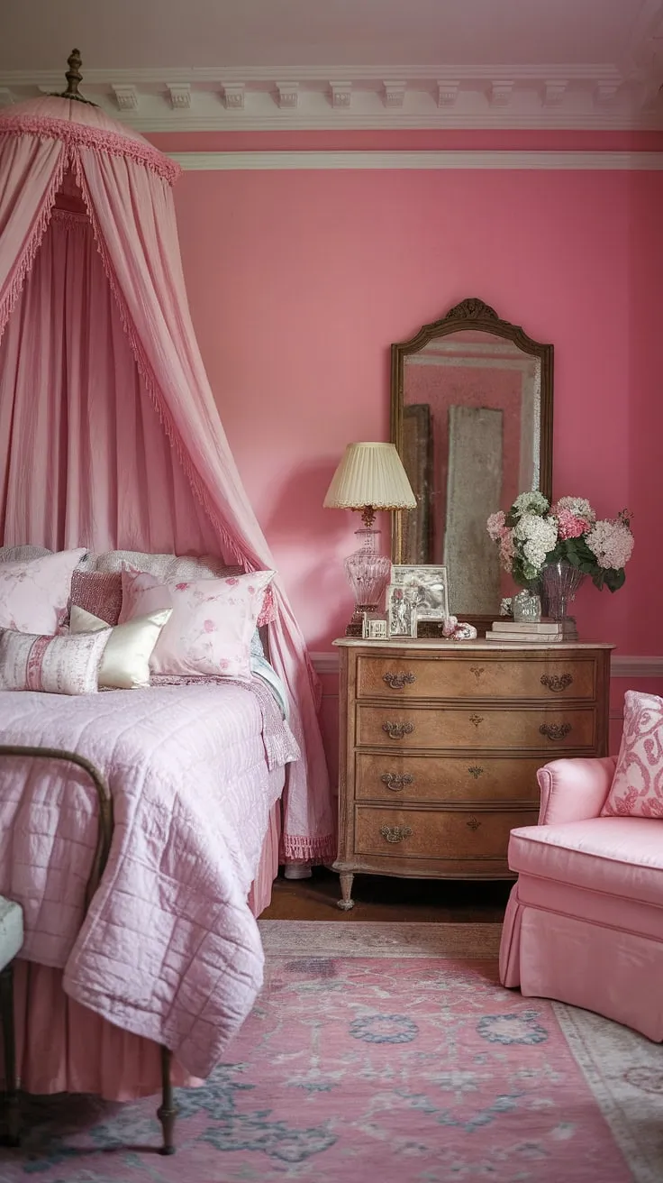Lost in the romance of a bygone era. This shabby chic bedroom, painted in a delicate shade of pink, whispers tales of elegance and grace. The vintage details, from the ornate canopy bed to the charming wooden dresser, create a space that's both inviting and utterly captivating. A perfect blend of regency charm and modern comfort, it's a sanctuary designed for the grand millennial heart.