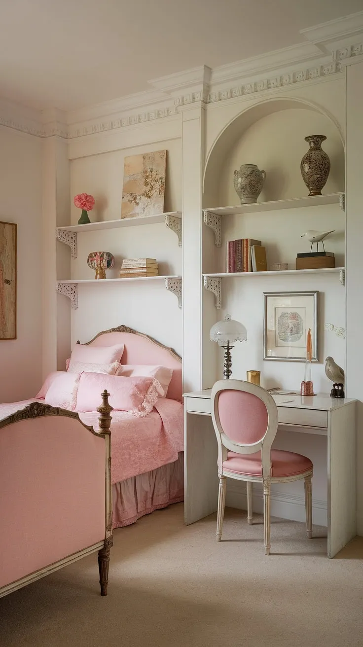 Lost in the dreamy details of this shabby chic haven. A symphony of soft pinks and creamy whites, accented by vintage finds and charming knick-knacks, creates a bedroom that's both inviting and utterly captivating. Every corner tells a story, from the antique lamp to the carefully chosen books, making this space a true reflection of its owner's unique style.