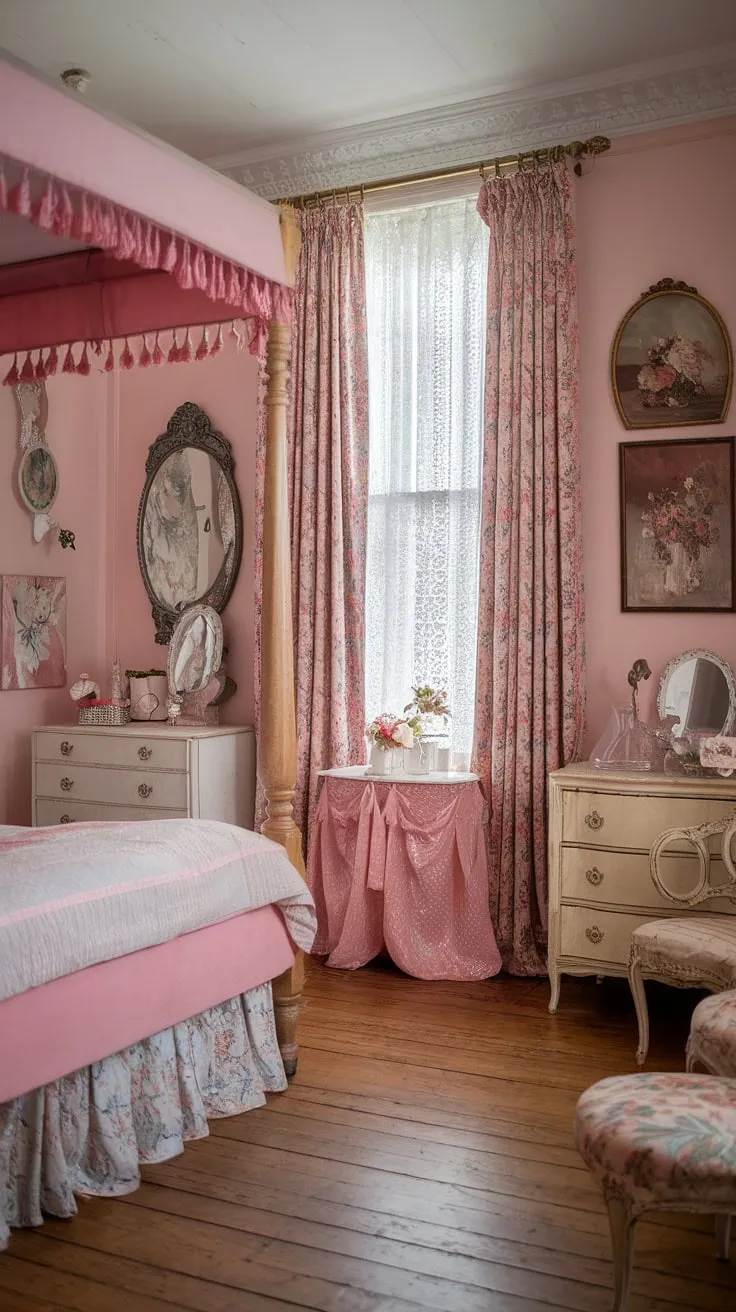 Lost in the enchanting details of this shabby chic bedroom, where Regency elegance meets a whimsical femininity. The delicate floral curtains, the antique dresser, and the soft glow of the pink canopy bed create a haven of tranquility. Every piece tells a story, weaving a tapestry of dreams and memories in this exquisitely feminine space.