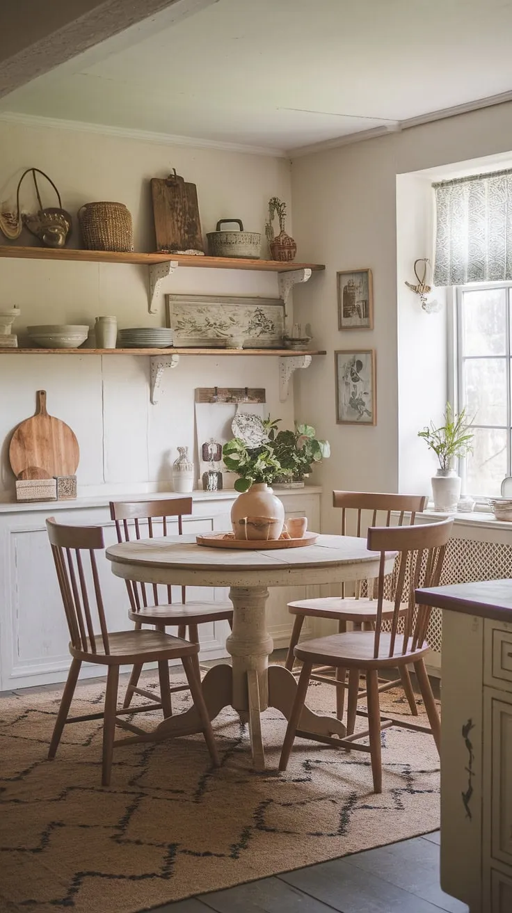 Sunlight streams through the lace-trimmed window, illuminating the charming details of this French country dining room. The aged wood, delicate china, and worn textures create a space that whispers stories of generations past. A perfect blend of farmhouse charm and shabby chic elegance, it's a room designed for lingering conversations and cherished memories.