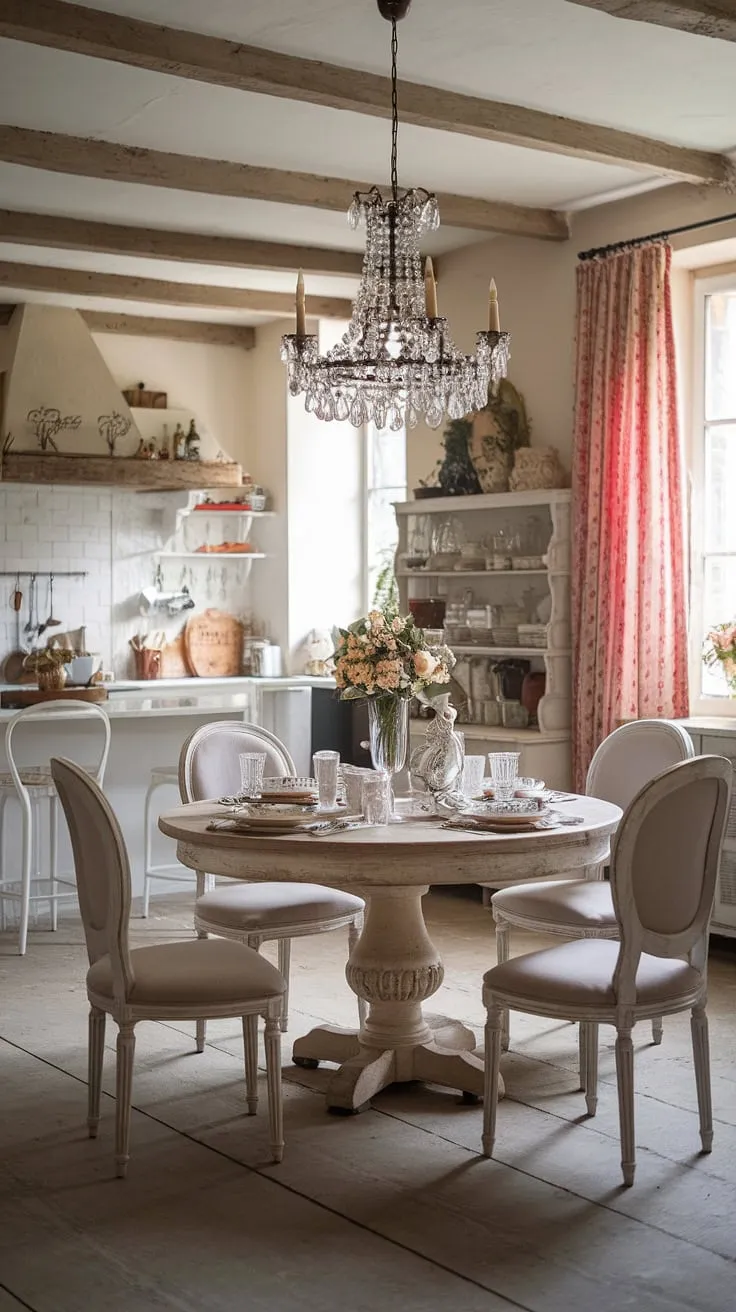 Discover the allure of shabby chic in this delightful French country dining room. A round table anchors the space, surrounded by the rustic charm of a farmhouse kitchen. A testament to effortless elegance, this room showcases how to seamlessly blend vintage finds with modern sensibilities. A dream space for intimate gatherings and cherished moments.