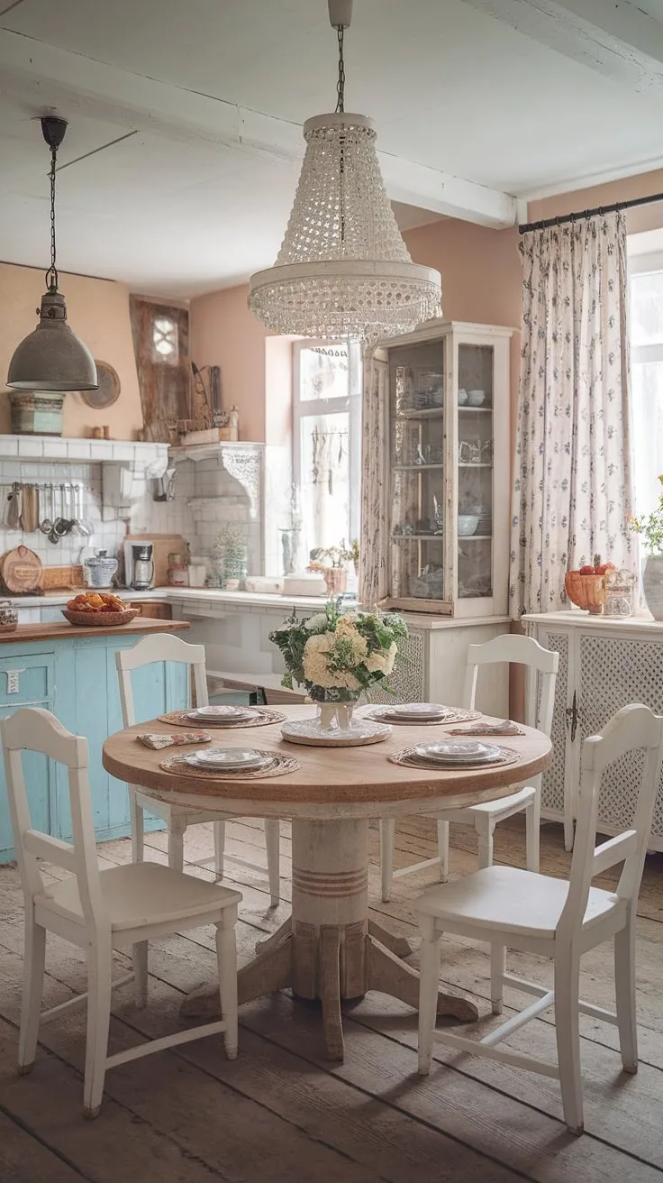 This shabby chic dining room is a dream. The vintage details, from the aged wood to the delicate floral accents, create a truly enchanting French cottage atmosphere. It's a space where comfort and style intertwine seamlessly, inviting you to linger and savor every moment.