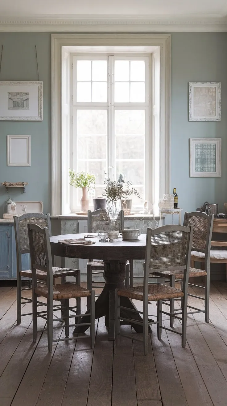Sunlight streams through the window, illuminating the worn wood of the round dining table, a centerpiece in this charming French country farmhouse kitchen. The soft blue walls and woven chair seats complete the shabby chic ambiance, creating a space where memories are made. A perfect blend of rustic charm and effortless elegance.