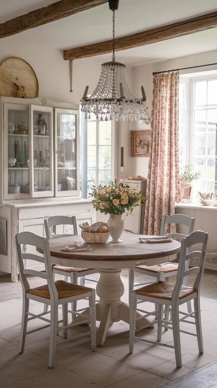 Sunlight streams through the window, illuminating the charming details of this French farmhouse dining room. The worn wooden table, delicate china, and aged patina of the furniture create a wonderfully inviting atmosphere, a testament to the beauty of shabby chic style. A perfect blend of rustic charm and elegant simplicity, this space embodies the spirit of relaxed country living.
