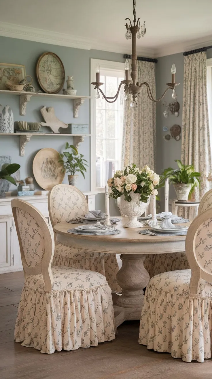 This idyllic French-inspired dining room is a testament to the beauty of imperfect perfection. The aged wood table, delicate floral chairs, and soft blue hues create a serene and welcoming space. A Every detail, from the vintage shelves to the potted plants, contributes to the room's captivating shabby chic farmhouse aesthetic.