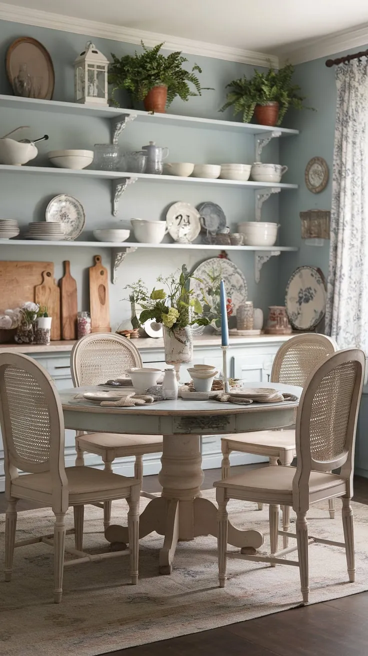 This delightful space effortlessly blends French country style with farmhouse charm. The soft blue walls, distressed wooden table, and carefully curated shelves filled with vintage dishes and greenery create a welcoming and inviting atmosphere. The overall effect is a space that feels both lived-in and lovingly styled, a testament to the beauty of shabby chic.