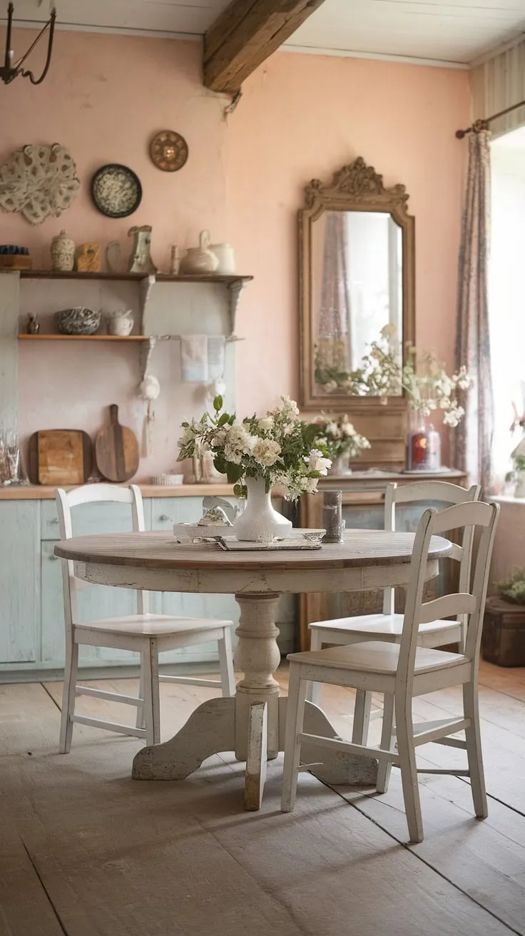 Step into a world of rustic romance in this charming dining room. The aged wood table, reminiscent of a French farmhouse kitchen, is the heart of this space, surrounded by vintage details and soft, inviting light. A haven of shabby chic style, it's a place where every detail whispers a story.