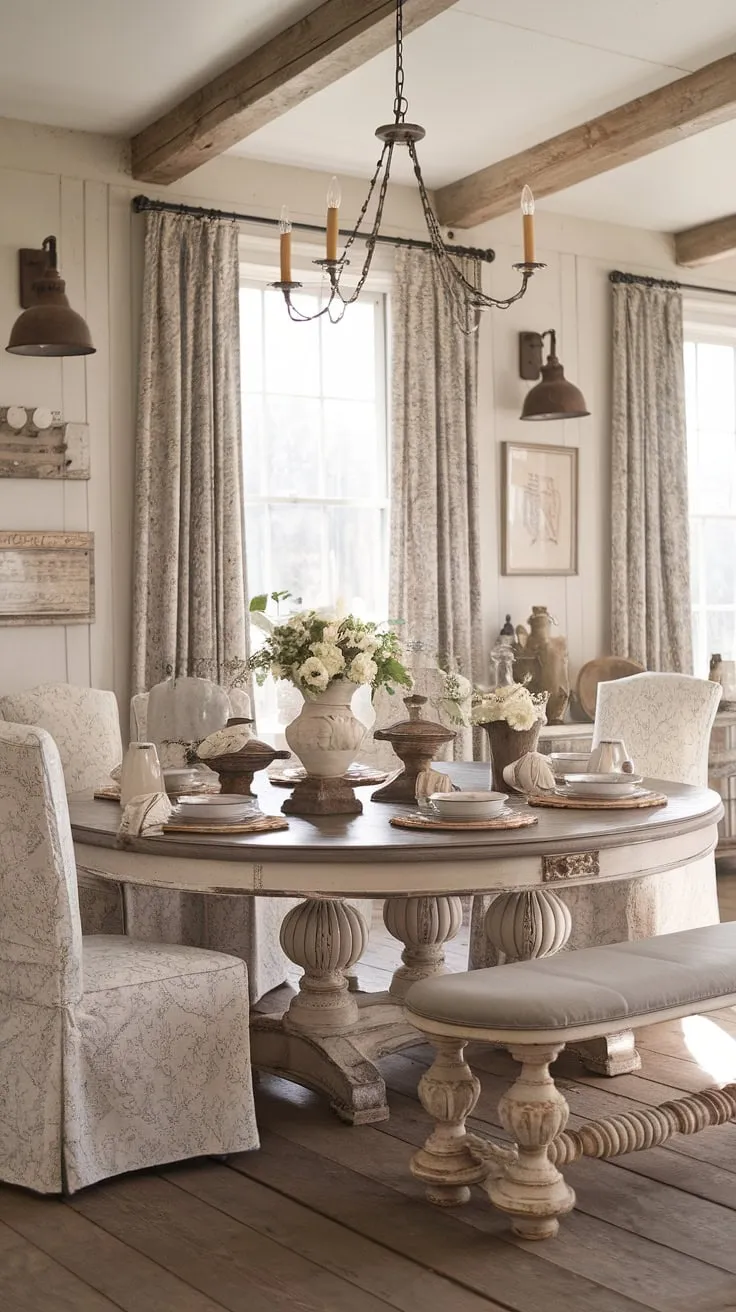 This shabby chic dining room whispers tales of vintage charm and rustic elegance. The aged white table, complemented by a carefully curated collection of artwork and lighting, creates a space that is both inviting and utterly captivating. Every detail, from the patterned chairs to the wooden floorboards, speaks to a love of French country style.