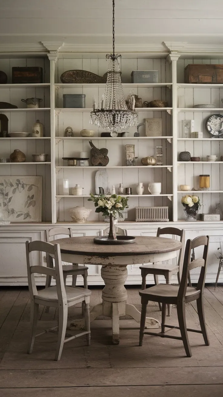 This vintage country setting boasts a delightful French-style shabby chic dining room. A round, distressed white table surrounded by rustic wooden chairs sits beneath a vintage chandelier, creating a scene of relaxed elegance. The walls, adorned with shelves filled with collected treasures, add character and warmth. The worn wooden floorboards complete the idyllic ambiance, a testament to the beauty of time and the charm of a well-loved home. A truly captivating space.