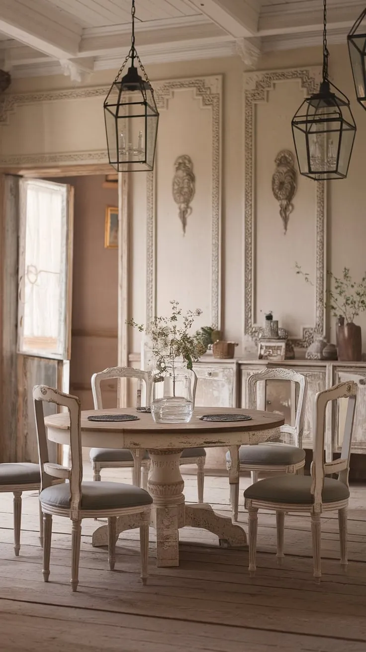 Sunlight streams through the window, illuminating the charming details of this French country farmhouse dining room. The distressed wooden table, intricately carved chairs, and soft wall hues create a space brimming with rustic elegance and a warmth.