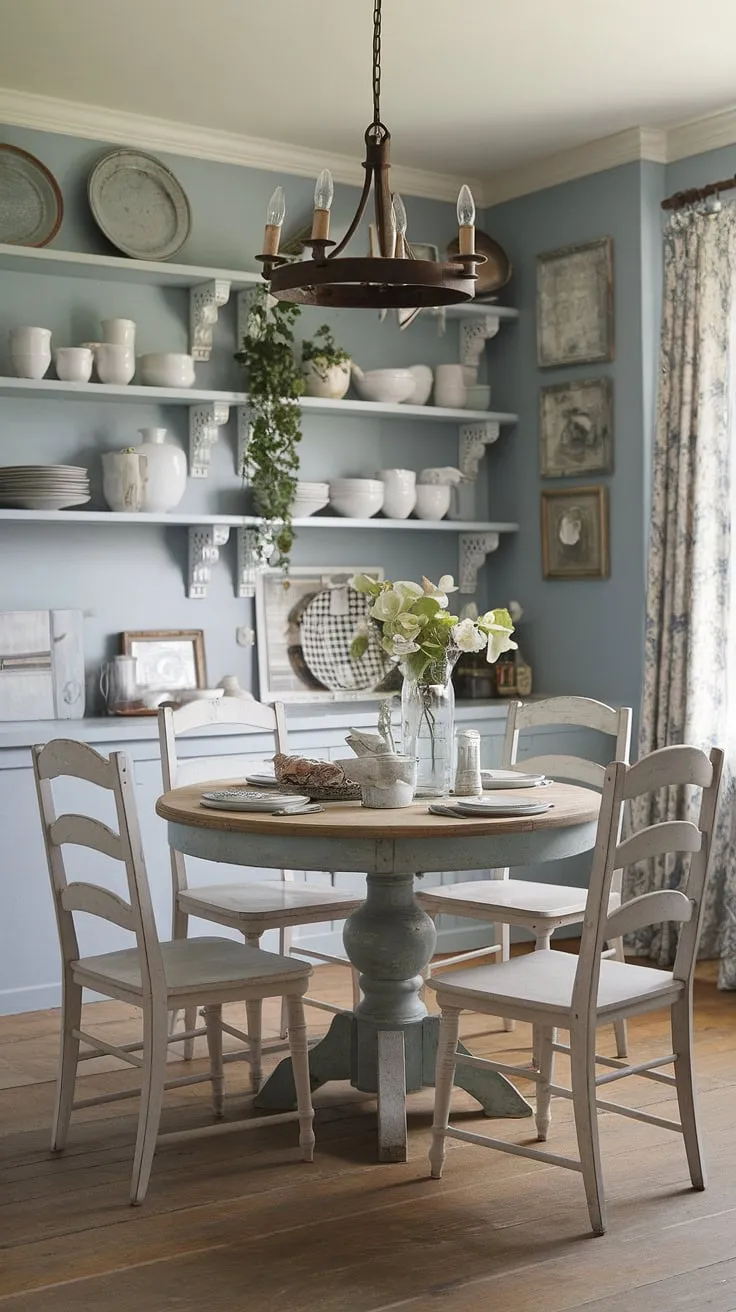 Step into this charming French country dining room, where shabby chic elegance meets rustic farmhouse charm. The distressed wood table and chairs, paired with the soft blue walls and vintage details, create a space that's both inviting and effortlessly stylish. A perfect blend of old-world romance and modern comfort.
