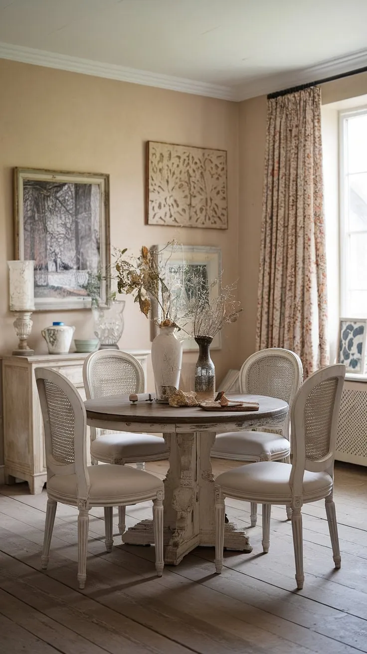 This rustic-chic farmhouse dining room, with its aged wooden floors and delicate French-inspired décor, whispers tales of simpler times. The soft beige walls and vintage accents create a warm and inviting atmosphere, perfect for gathering with loved ones. A haven of peace and tranquility.