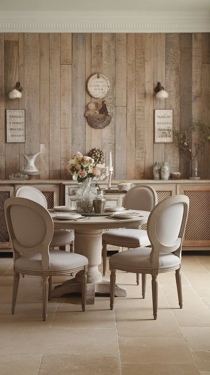 Sunlight streams through the window, illuminating the rustic beauty of this vintage country dining room. The worn wooden paneling and comfortable beige seating create a cozy atmosphere, perfect for lingering conversations and delicious meals. A truly idyllic space for creating lasting memories.