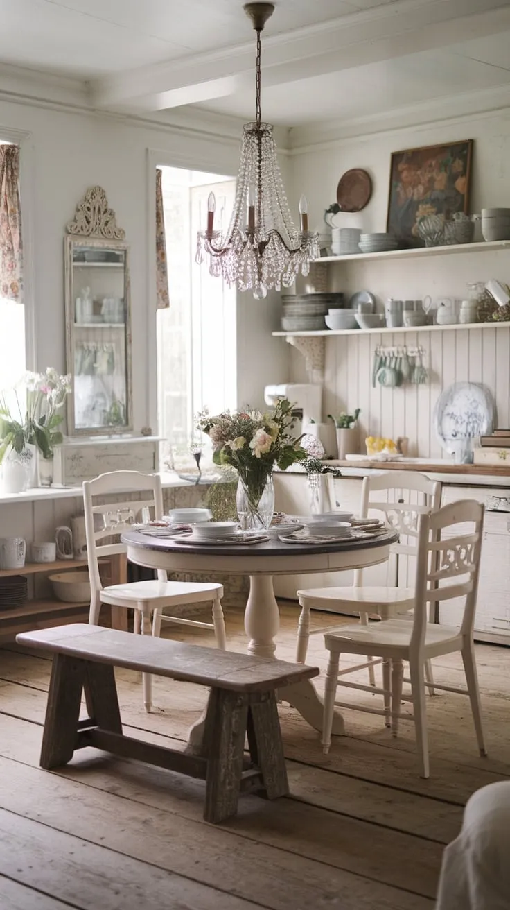 Sunlight streams through the window, illuminating the charming details of this French country farmhouse kitchen. A rustic wooden bench and white chairs surround the round dining table, creating a space perfect for leisurely meals and heartwarming conversations. The aged wood floors and carefully curated décor, including a delicate chandelier and antique dishes, tell a story of cherished memories and timeless elegance. A vase of fresh flowers adds a touch of vibrant life to this idyllic setting.