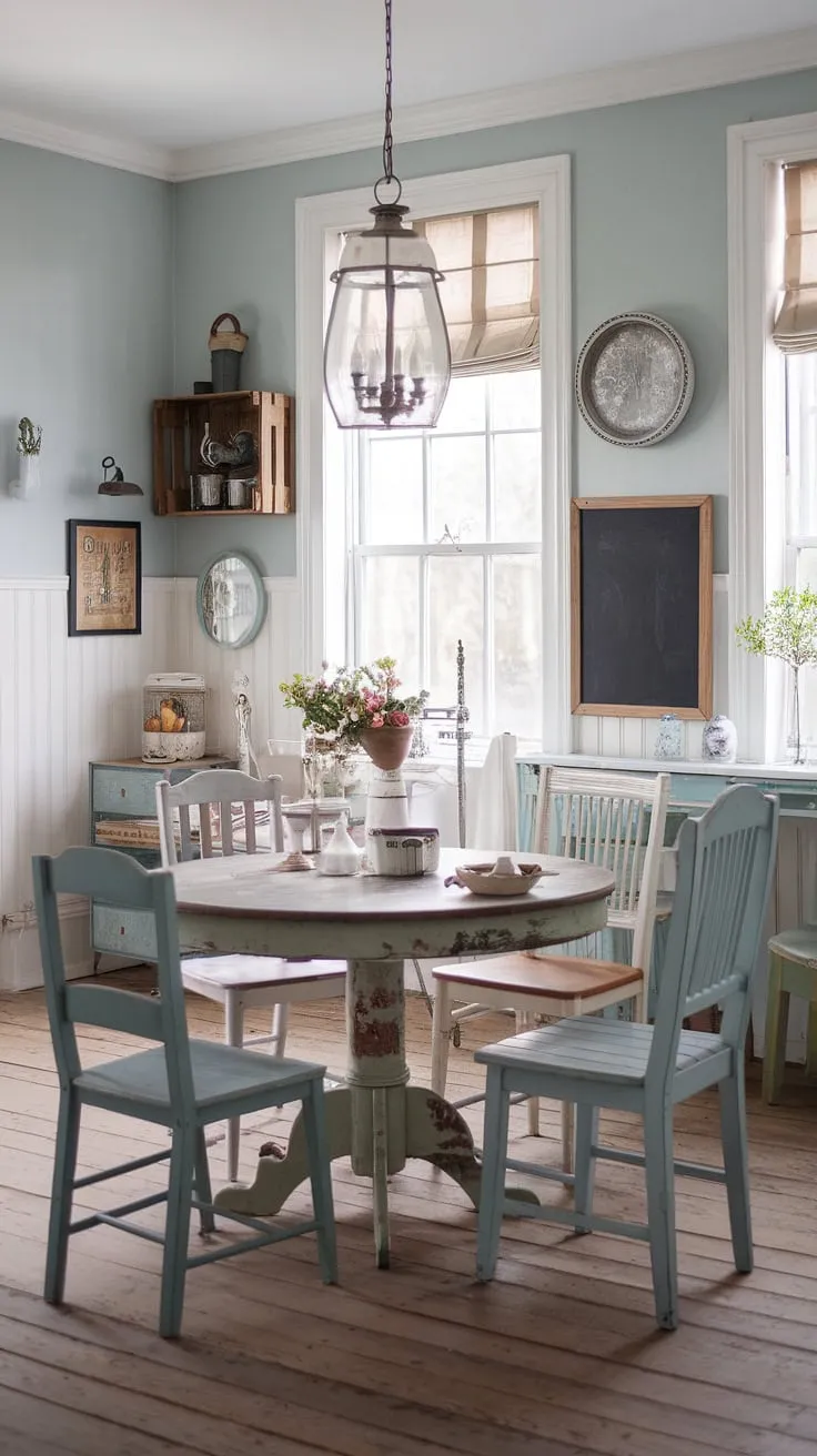 Gather 'round the worn wooden table, bathed in the soft blue light of this charming French farmhouse kitchen. Mismatched chairs and vintage accents whisper tales of cozy gatherings and cherished memories. The air is thick with the scent of home-baked bread and laughter.