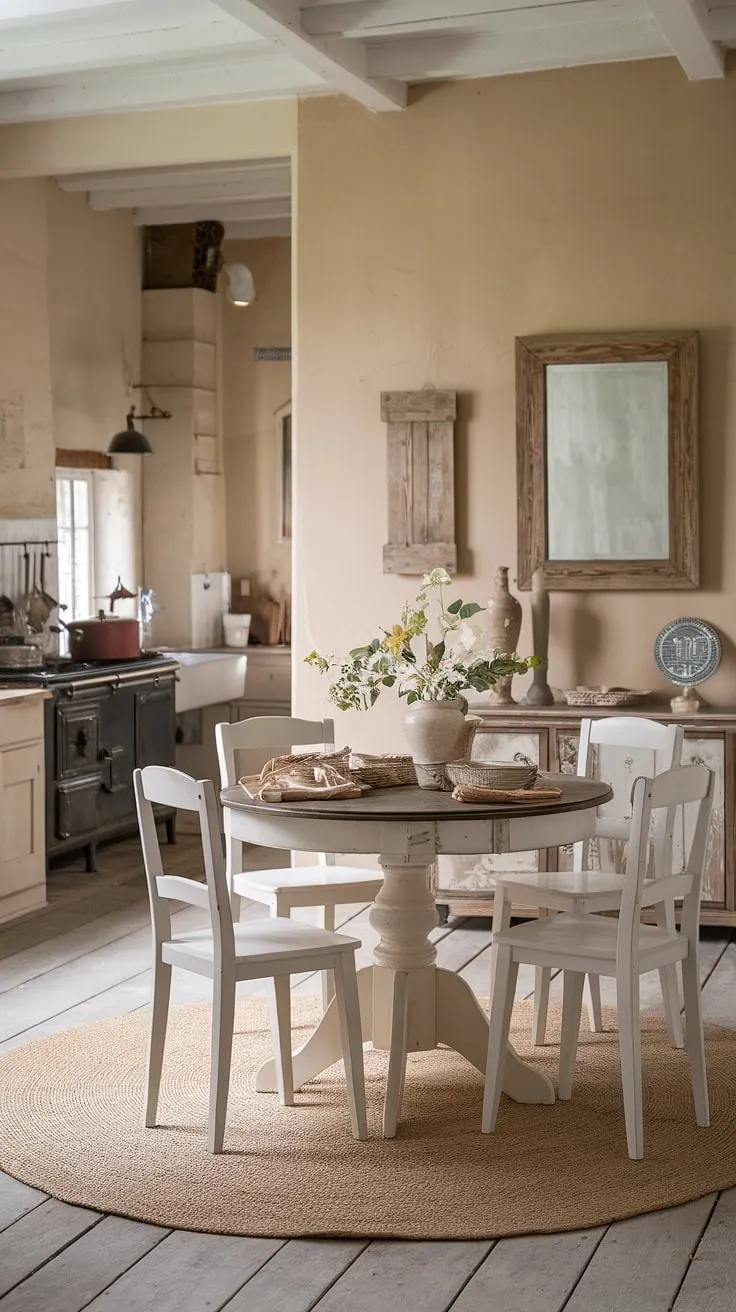 This shabby chic dining room whispers tales of generations past. The aged details, from the creamy walls to the antique mirror, create a captivating ambiance. A warm, inviting space where family and friends gather, sharing meals and laughter in a truly timeless setting. The rustic kitchen adds a touch of practical charm.