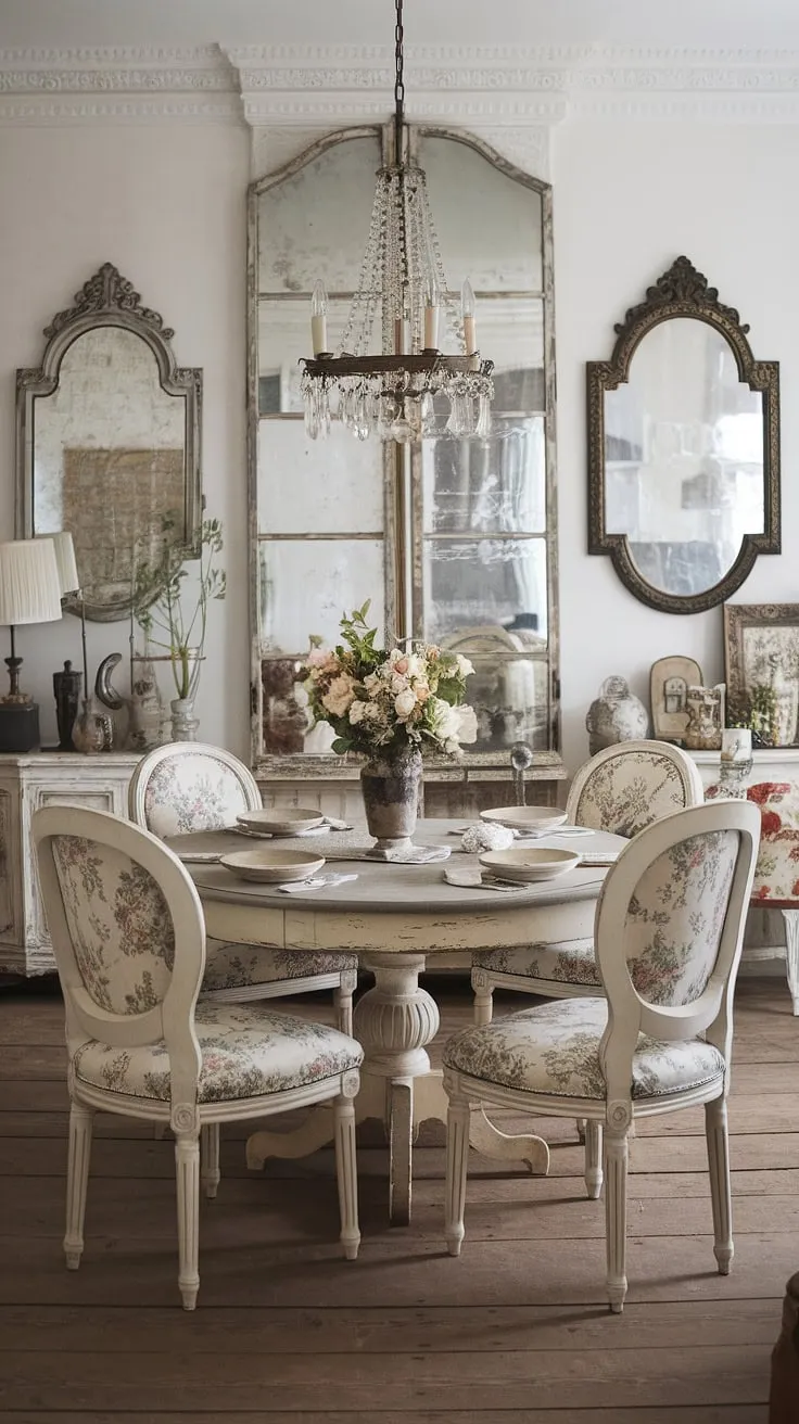 A delightful blend of French country and shabby chic style defines this charming dining room. The aged wooden floors, distressed white table, and floral upholstered chairs create a welcoming atmosphere. Antique mirrors and decorative accents add layers of visual interest, while the vintage chandelier casts a warm, inviting light. A perfect setting for unforgettable meals and heartfelt conversations.