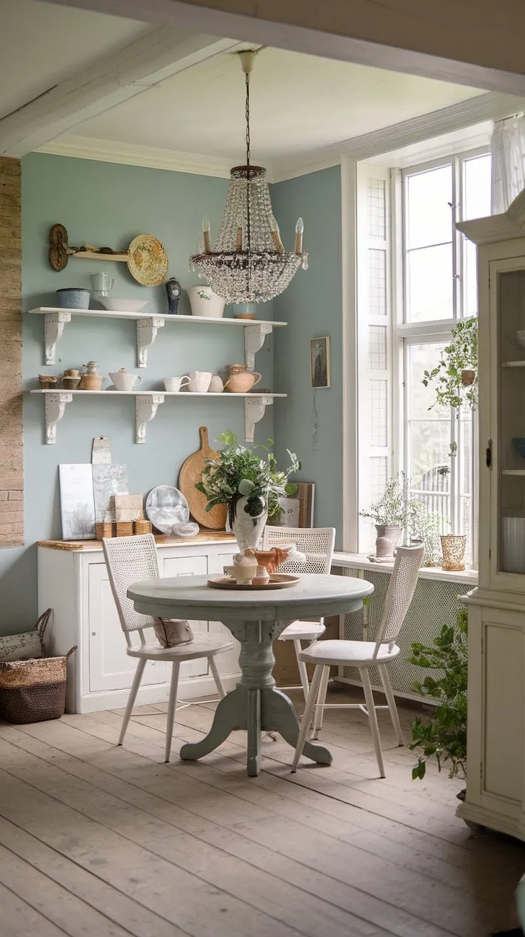 Gather 'round the table in this idyllic French-style farmhouse kitchen. The soft blue walls and vintage chandelier create a romantic atmosphere, while the rustic wooden floors and white shelves add a touch of shabby chic charm. A cozy and inviting space, perfect for creating lasting memories with loved ones. The round dining table, nestled near the window, is the heart of this delightful room.