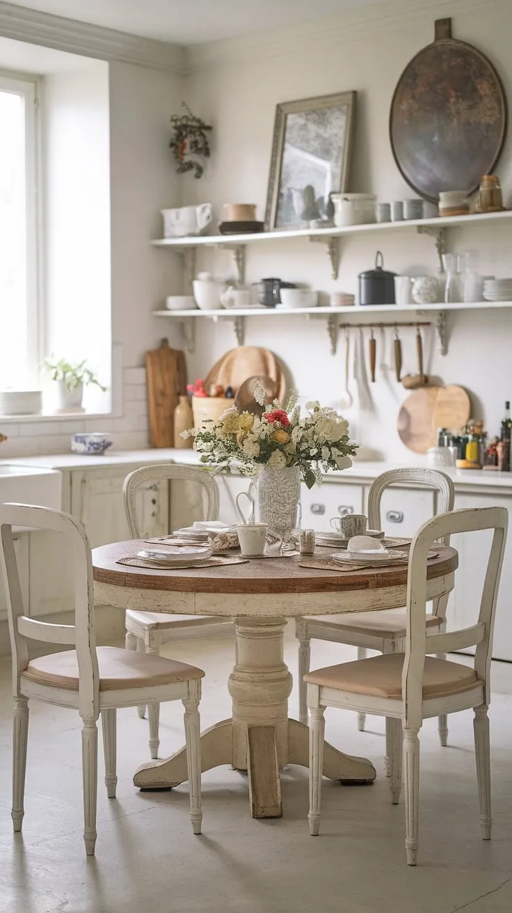 Sunlight streams through the window, illuminating the charming details of this French farmhouse kitchen. The distressed round table, surrounded by mismatched chairs, invites lingering conversations and leisurely meals. A collection of cherished objects adorns the shelves, adding to the room's unique and inviting atmosphere. This space is a testament to the beauty of lived-in elegance.
