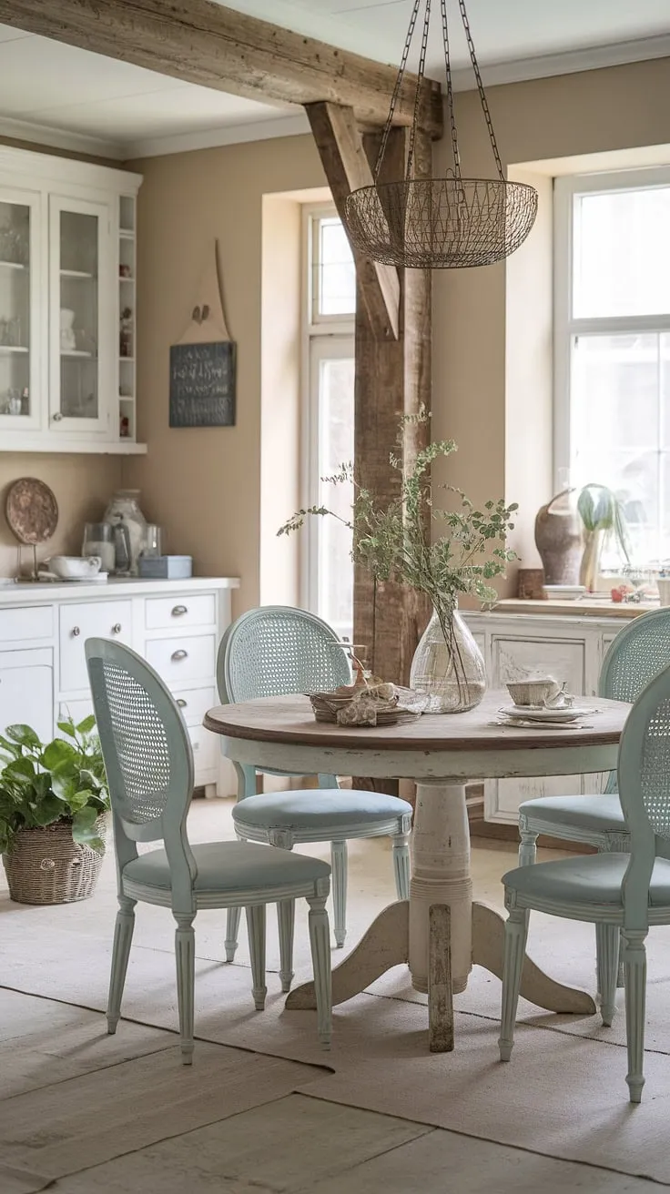 Sunlight streams into this shabby chic dining room, illuminating the details of the vintage French table and a its charming mismatched chairs. The rustic beams and simple décor create a space that's both inviting and effortlessly stylish.