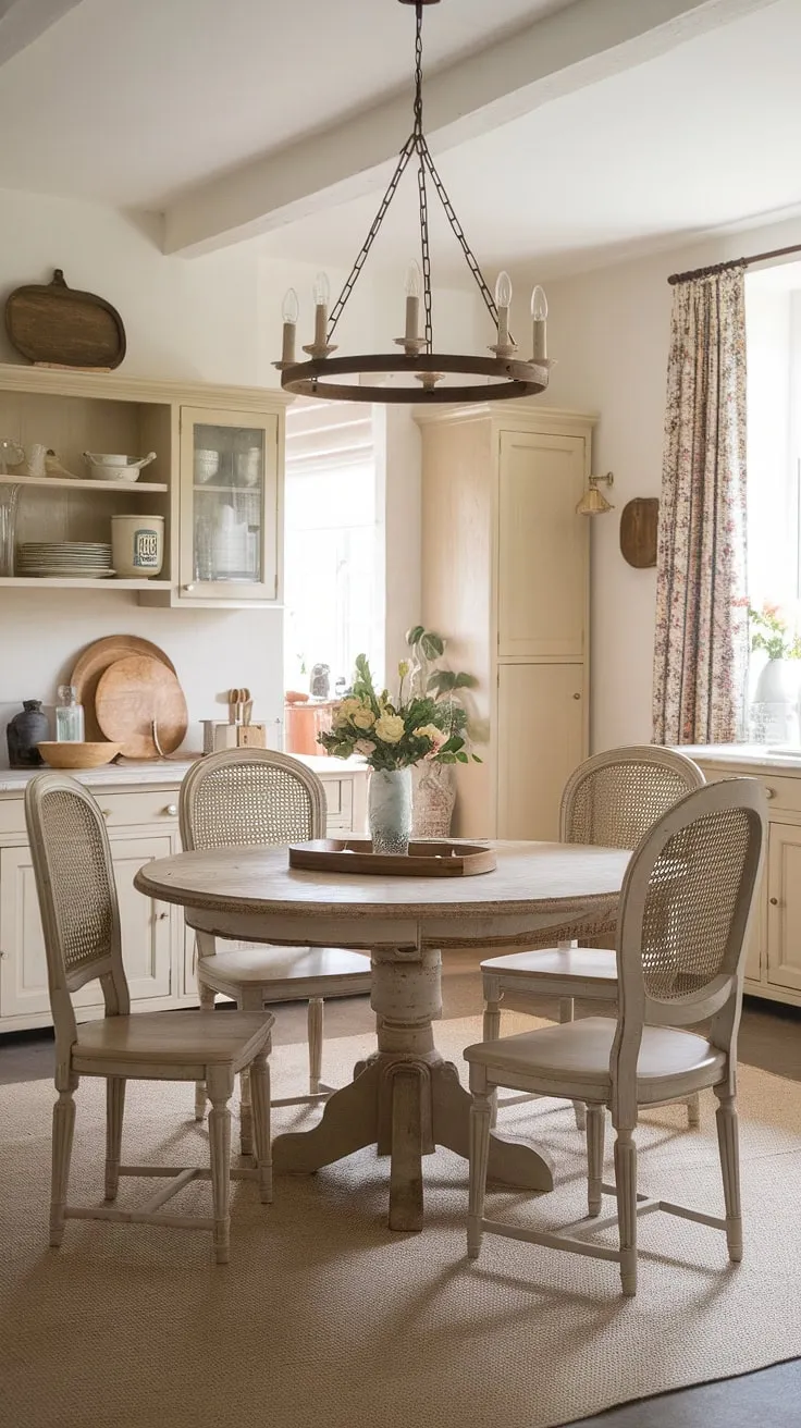 Gather 'round the worn wooden table, bathed in the soft glow of the rustic chandelier. This French farmhouse kitchen, with its shabby chic charm and aged details, whispers stories of generations past. The creamy walls and beige cabinets create a calming backdrop for cherished memories made around this beloved space. A perfect setting for lingering conversations and heartwarming meals.