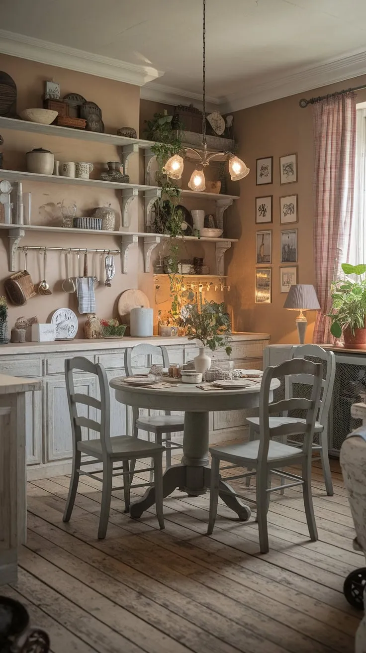 Sunlight streams through the window, illuminating the charming details of this French country farmhouse dining room. The worn wooden table, surrounded by mismatched chairs, tells a story of countless shared meals and cherished memories. A collection of vintage finds and potted herbs adds to the rustic, inviting ambiance. This space is a testament to the beauty of imperfection and the warmth of home.