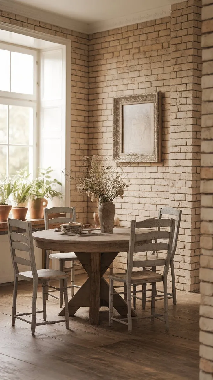 Sunlight streams through the window, illuminating the rustic charm of this French-country farmhouse dining room. The aged wood table, surrounded by worn yet comfortable chairs, invites lingering conversations and shared meals. A sense of peaceful warmth permeates the space, enhanced by the brick wall and potted plants, creating a truly inviting atmosphere. A