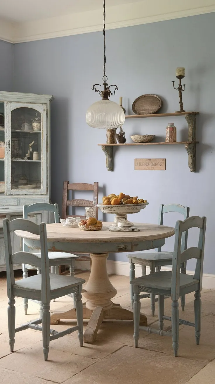 Sunlight streams through the window, illuminating the charming details of this French country dining room. The aged wood of the round table and mismatched chairs whispers tales of countless shared meals, while the pale blue walls and vintage lampshade create a serene and inviting atmosphere. A simple wooden shelf displays cherished keepsakes, adding to the home's unique character.