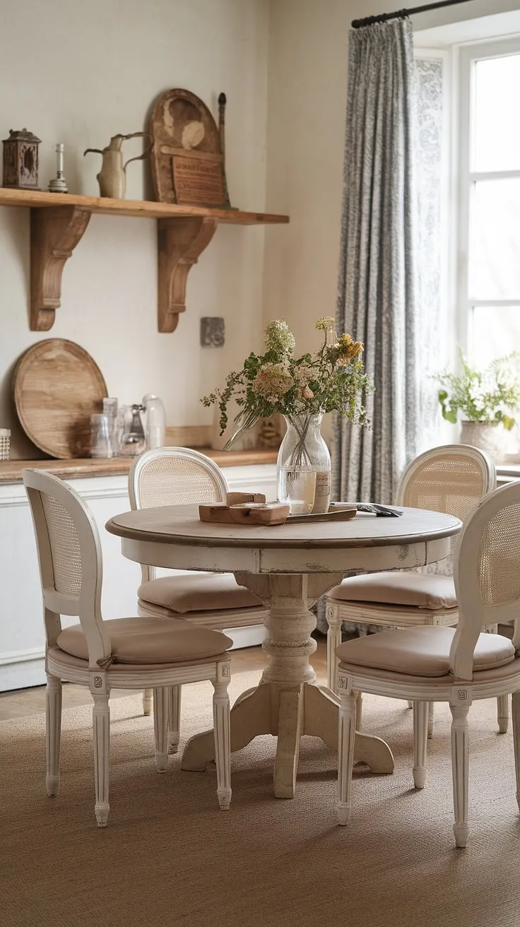Sunlight streams through the window, illuminating a charming French country dining room. The distressed round table, surrounded by white chairs, invites lingering conversations and leisurely meals. A rustic wooden shelf adds character, showcasing treasured a decorative pieces. The overall ambiance is one of relaxed elegance and timeless beauty.