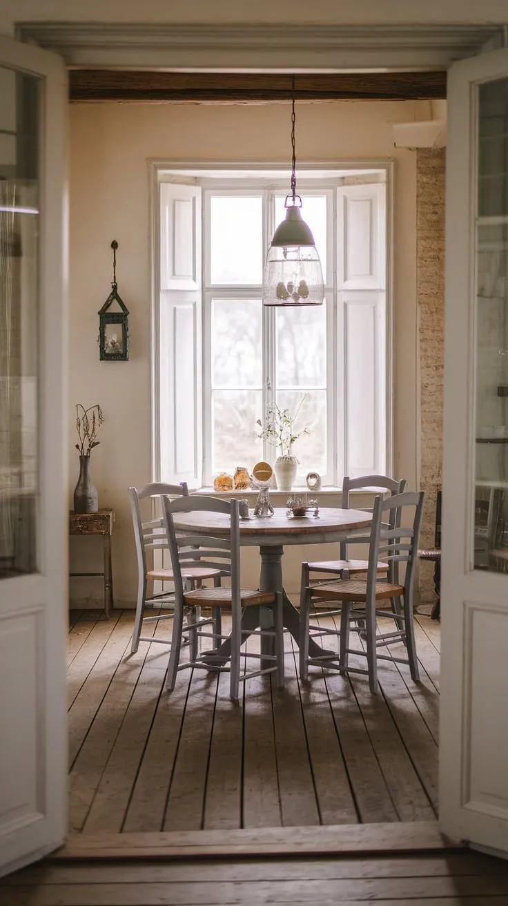 This rustic French-inspired dining room, nestled within a vintage country farmhouse, exudes a captivating shabby chic charm. A round wooden table, bathed in natural light, is the heart of the space. The carefully curated décor, including a charming lantern, adds to the room's unique and inviting ambiance. It's a space where memories are made and stories unfold.