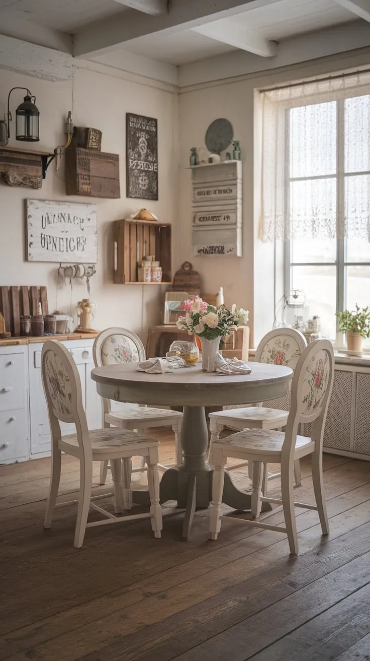 This rustic farmhouse kitchen, with its shabby-chic French influences, is the heart of the home. The worn wooden table and a collection of floral-patterned chairs invite conversation and laughter. Every detail, from the vintage sign to the delicate lace curtains, contributes to the room's unique and inviting character, creating a truly unforgettable space.