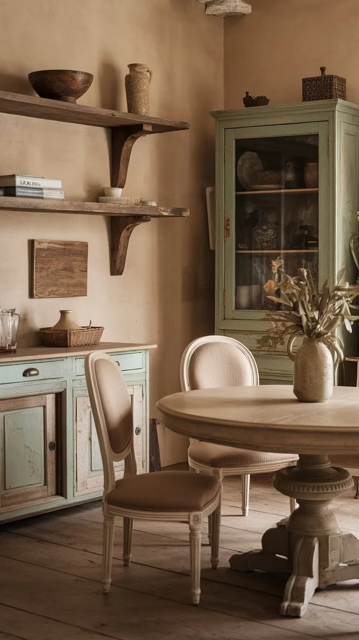 Sunlight streams through the window, illuminating the charming details of this French-country dining room. The aged wood floors, rustic décor, and a warm beige palette create a space that feels both inviting and effortlessly elegant. A vintage cabinet adds a touch of playful color, while the round dining table promises countless gatherings filled with laughter and warmth.