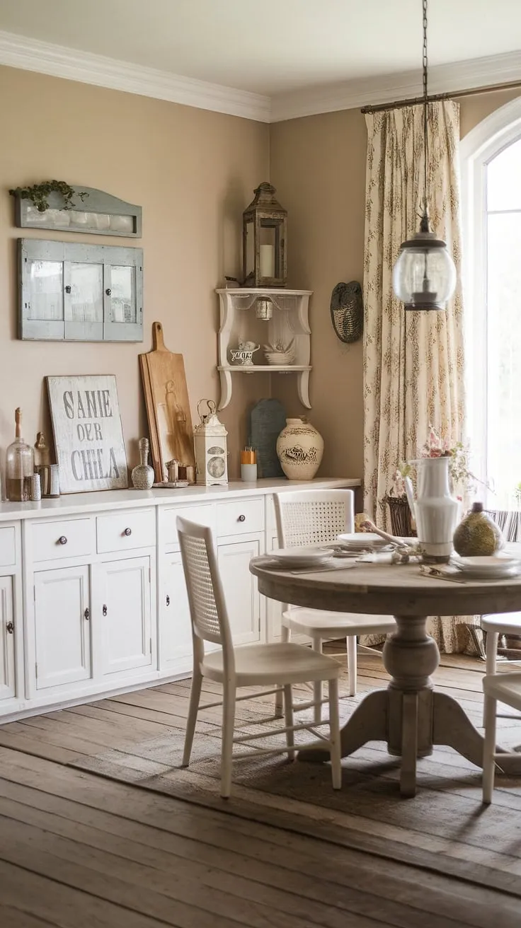 Sunlight streams through the window, illuminating the charming details of this French farmhouse dining room. The aged wood floors, white cabinetry, and vintage accents create a space brimming with rustic elegance; a perfect blend of old-world charm and modern comfort. A simple yet inviting gathering place, perfect for sharing meals and memories.