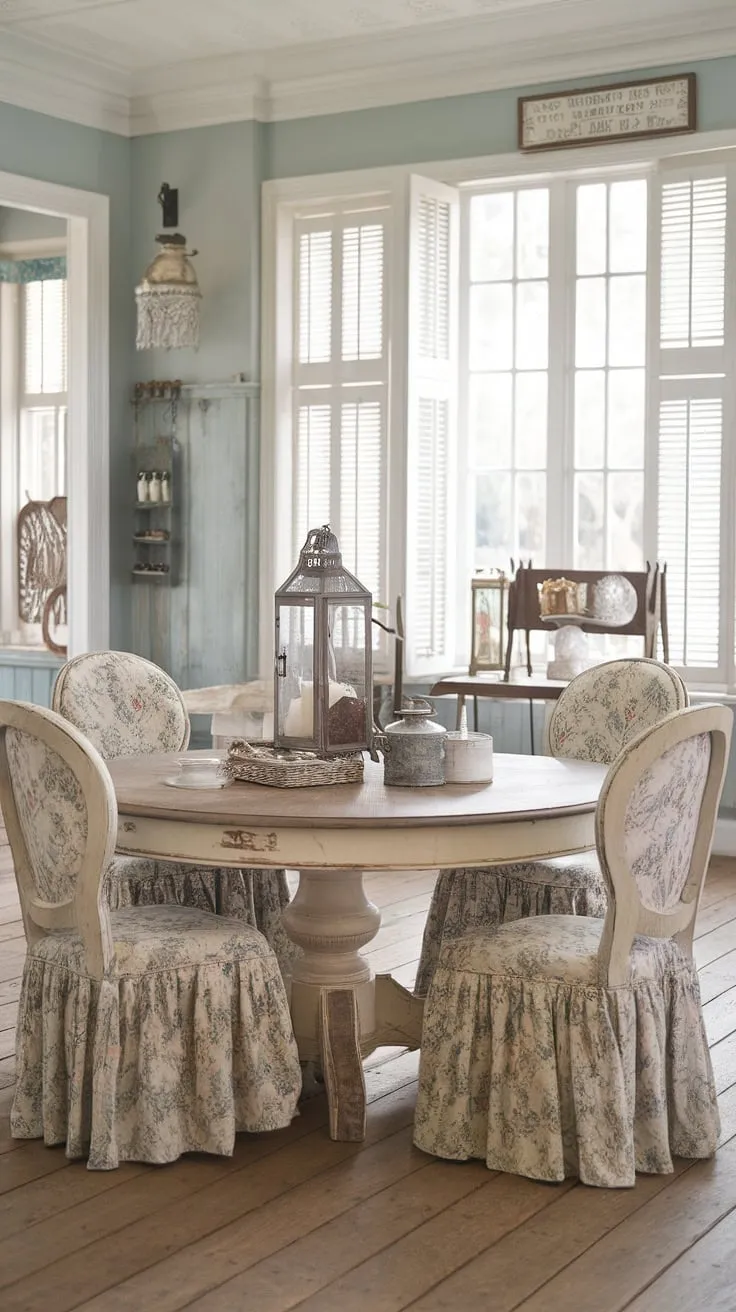 This shabby chic dining room whispers tales of French countryside charm. The worn wooden table, delicate floral chairs, and soft blue walls create a space brimming with warmth and character. Every detail, from the aged wood to the simple sign above the table, contributes to its inviting and effortlessly stylish atmosphere.