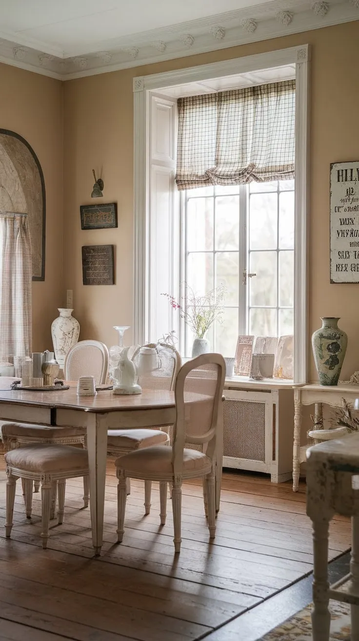 Sunlight streams through the checkered window, illuminating a charming French country dining room. The aged wood floors and shabby chic details, like the vintage vase and hand-painted sign, create a space brimming with rustic charm and warmth. A perfect setting for lingering conversations and cherished memories. A truly inviting atmosphere.