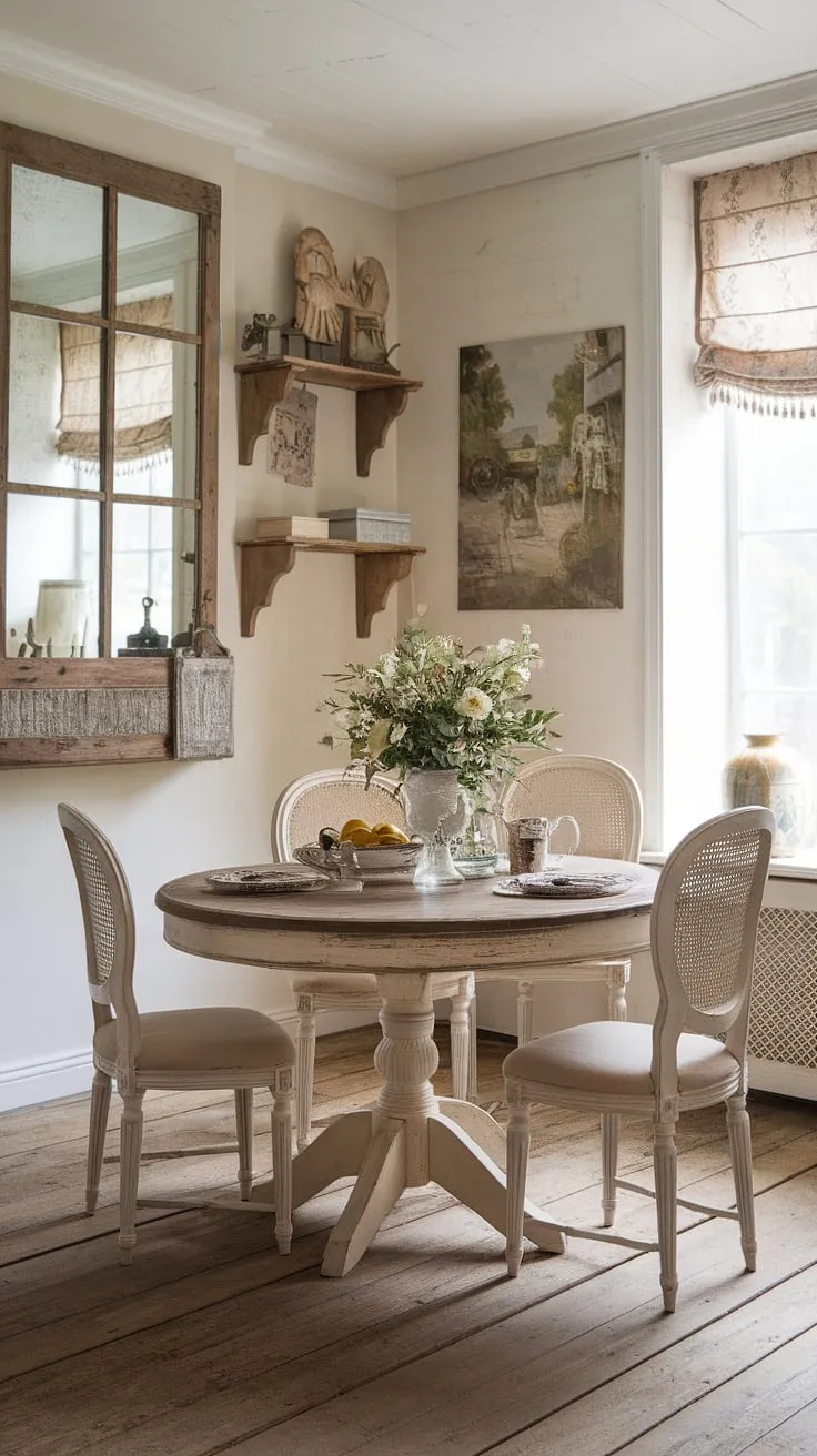 Sunlight streams through the window, illuminating the charming details of this French country farmhouse dining room. The distressed wooden table, a centerpiece of shabby chic elegance, invites lingering conversations and delightful meals. A perfect blend of rustic charm and refined taste.