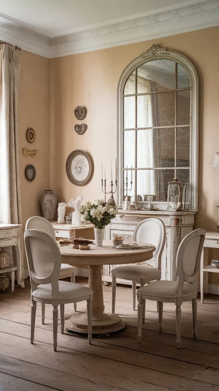 Sunlight streams through the window, illuminating the worn elegance of this shabby chic dining room. The aged white chairs surrounding the round table whisper tales of countless gatherings, while the ornate mirror and decorative wall accents add a touch of French country charm. A perfect blend of vintage and rustic, this space embodies effortless grace.