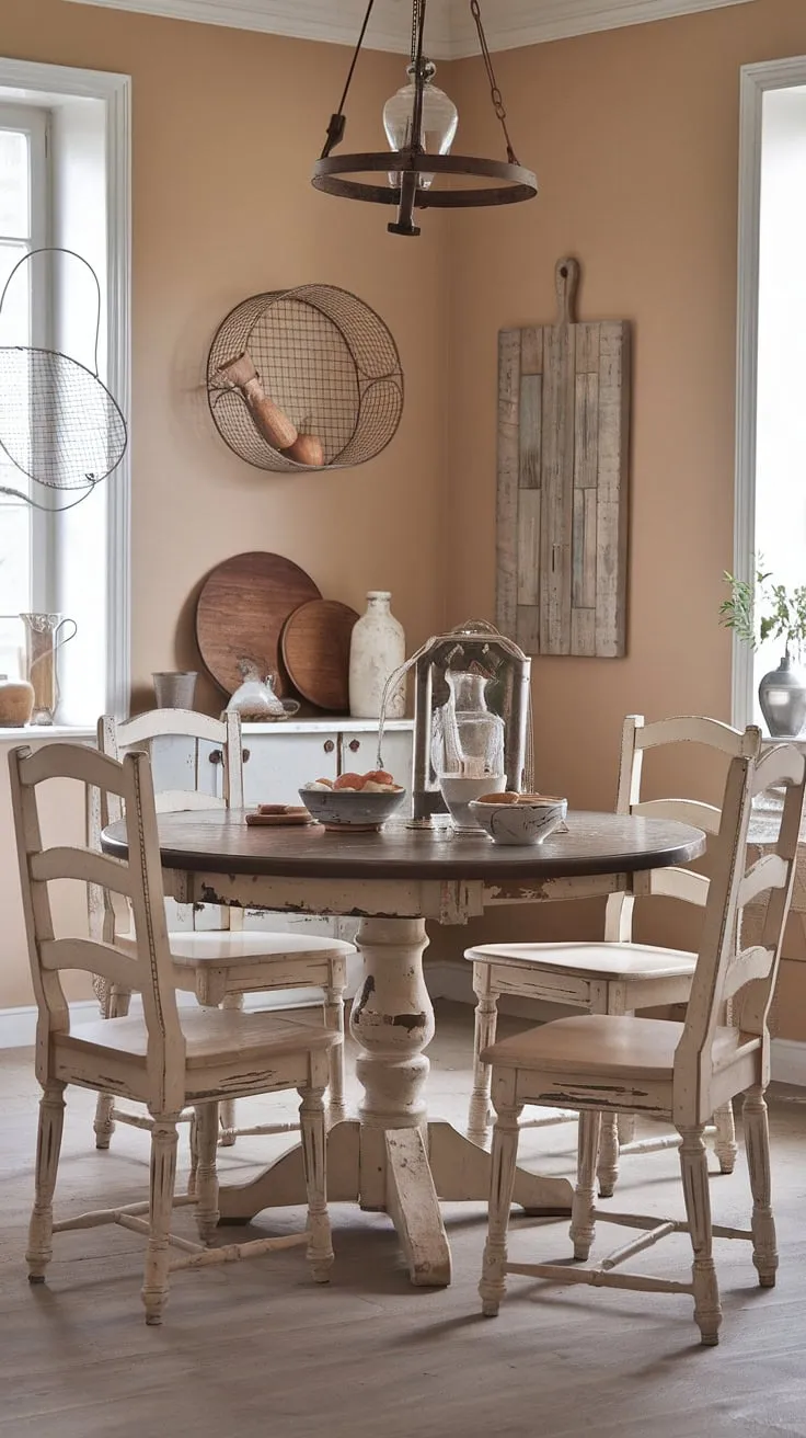 Sunlight streams through the window, illuminating the charming imperfections of this French country dining room. The weathered wood table, mismatched chairs, and rustic accents create a space that's both elegant and effortlessly inviting; a testament to the beauty of lived-in style. A perfect spot for lingering conversations and cherished memories.