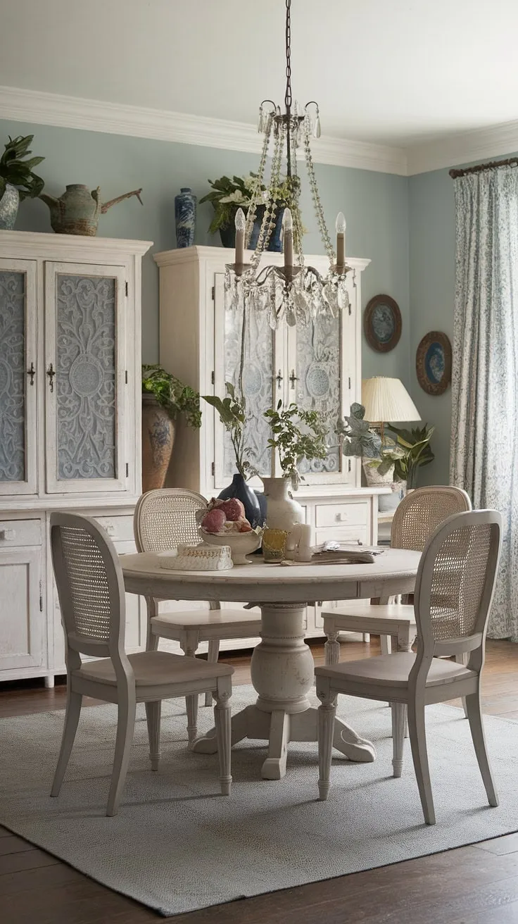 Step back in time in this charming French country dining room. The distressed wood table, delicate chandelier, and soft blue walls create an atmosphere of relaxed elegance, perfect for sharing meals and cherished memories. A touch of shabby chic adds to the room's unique character, making it a truly inviting space.