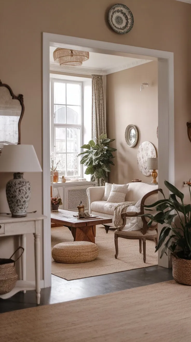 This shabby chic farmhouse living room is a testament to the beauty of blending vintage finds with bohemian flair. The natural light streaming through the large window illuminates the cozy space, highlighting the textural richness of the furniture and the carefully chosen accents. It's a space designed for comfort, conversation, and the simple pleasures of life, reflecting the essence of a peaceful living.