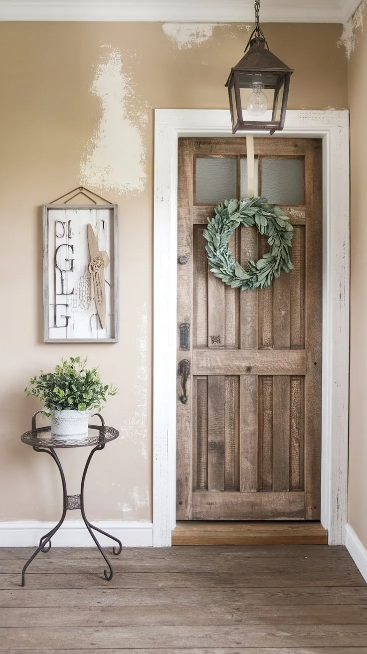 Step into a world of rustic charm and cozy comfort. This shabby chic farmhouse entryway, with its weathered wooden door and thoughtfully chosen décor, welcomes you home with warmth and a touch of vintage elegance. The distressed walls and aged wood flooring tell a story of time and character, while the simple additions of a lantern, sign, and wreath add personality and a touch of whimsy. A small table with a flourishing plant completes the scene, creating a tranquil and inviting atmosphere.